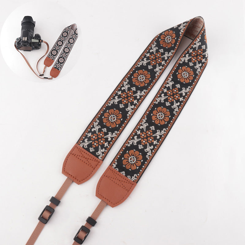 Flower Prints Jacquard Brown Leather Camera Strap