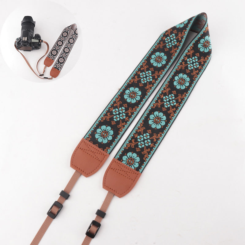Flower Prints Jacquard Brown Leather Camera Strap