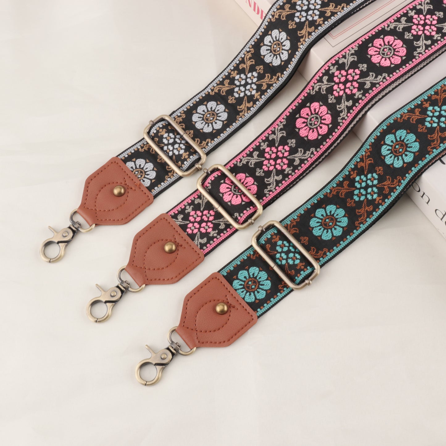 Flower Prints Jacquard Pattern Leather Head Shoulder Strap