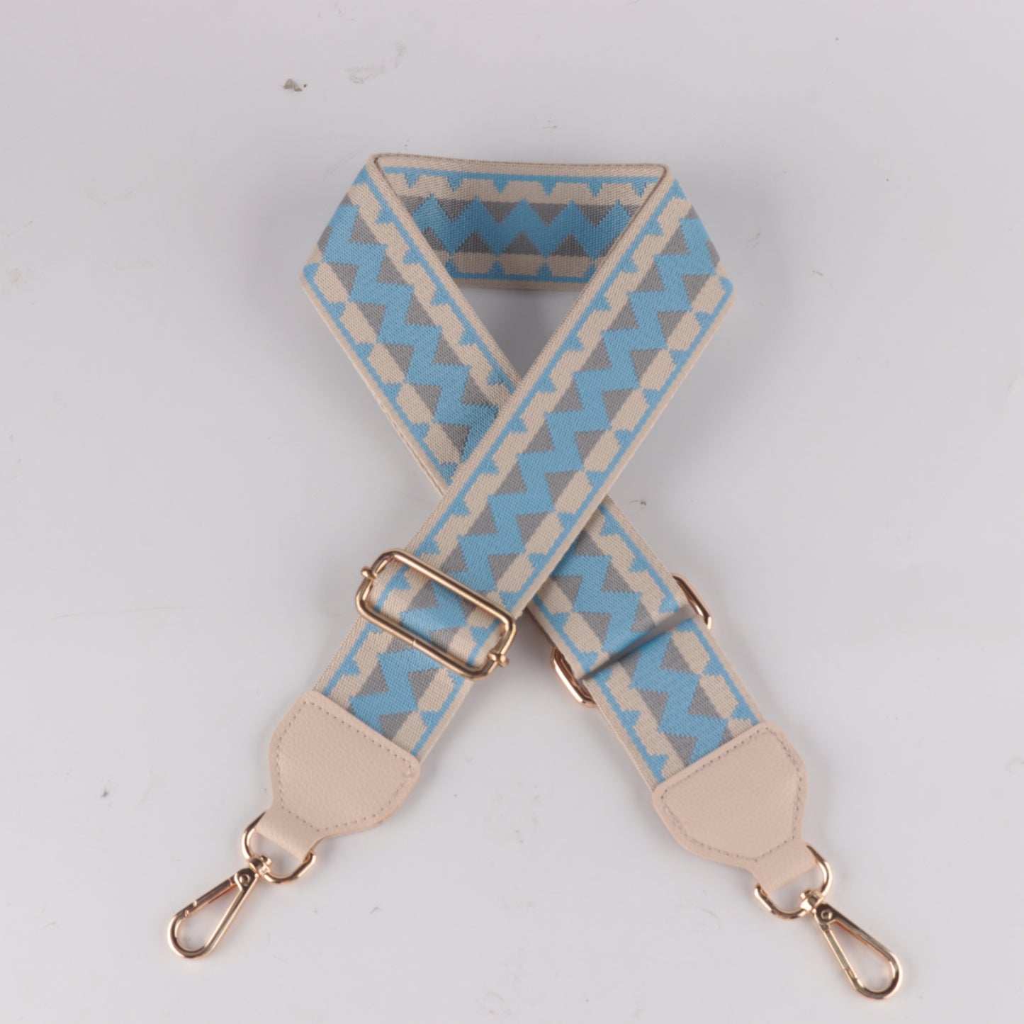 White Yellow and Purple Jacquard Bag Strap with Leather Head