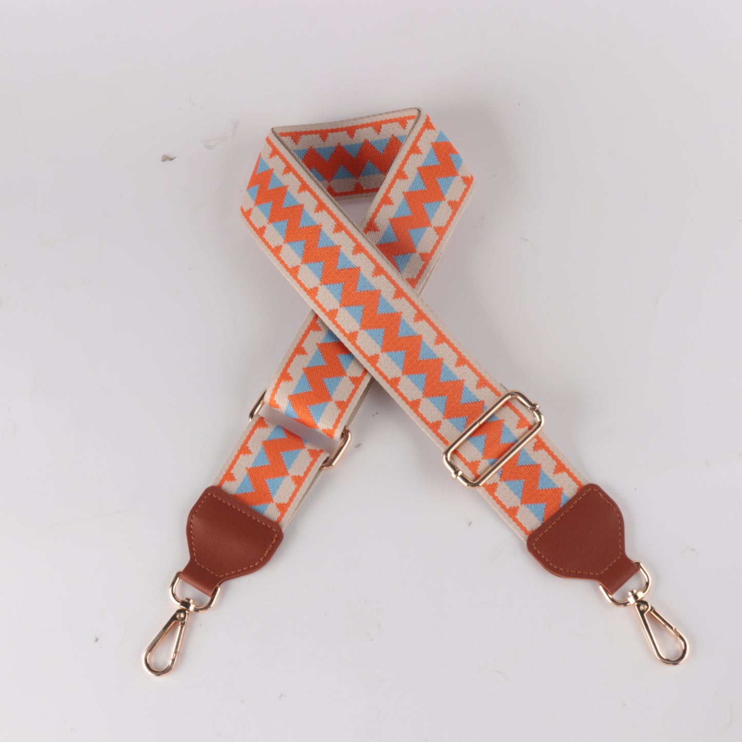 White Yellow and Purple Jacquard Bag Strap with Leather Head