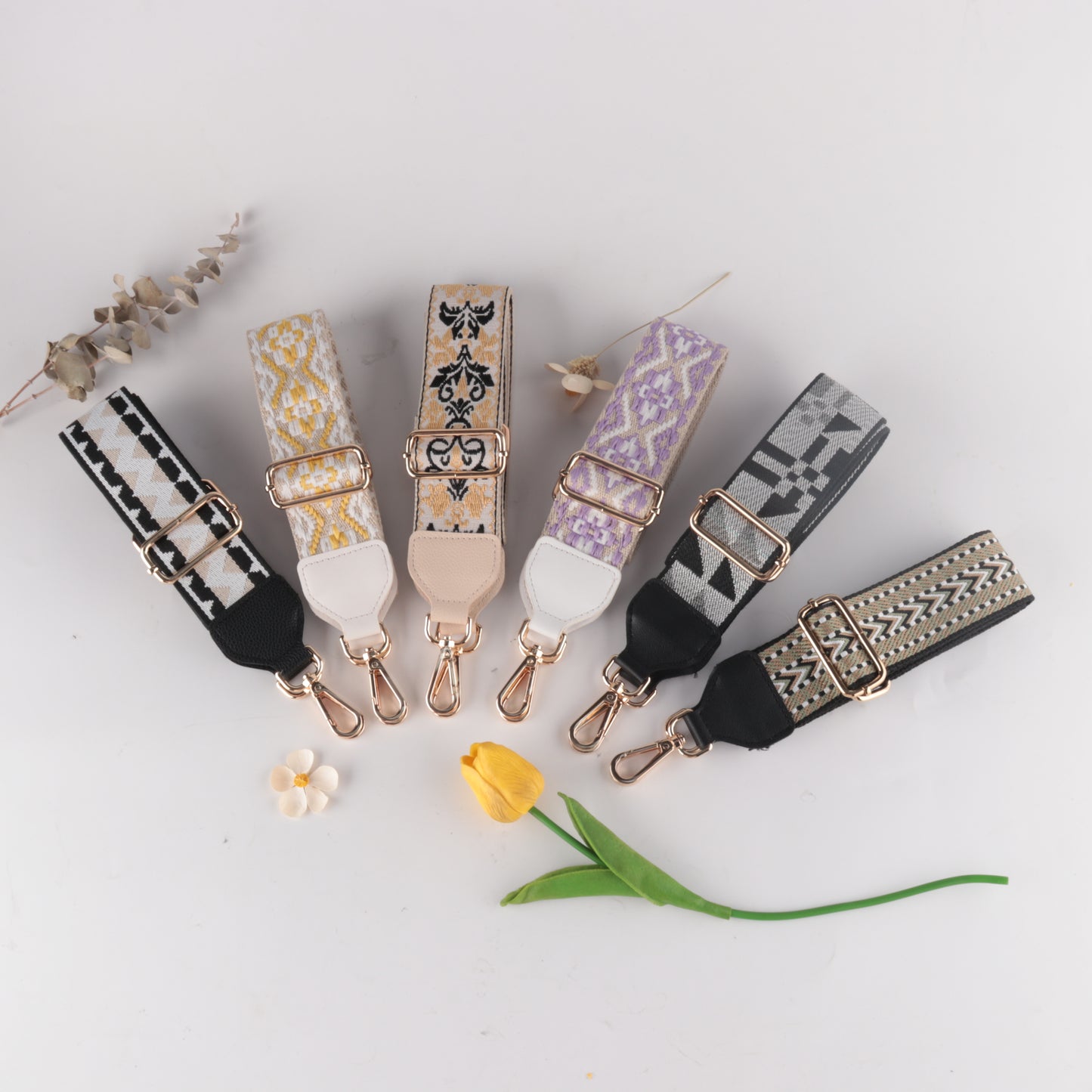 White Yellow and Purple Jacquard Bag Strap with Leather Head