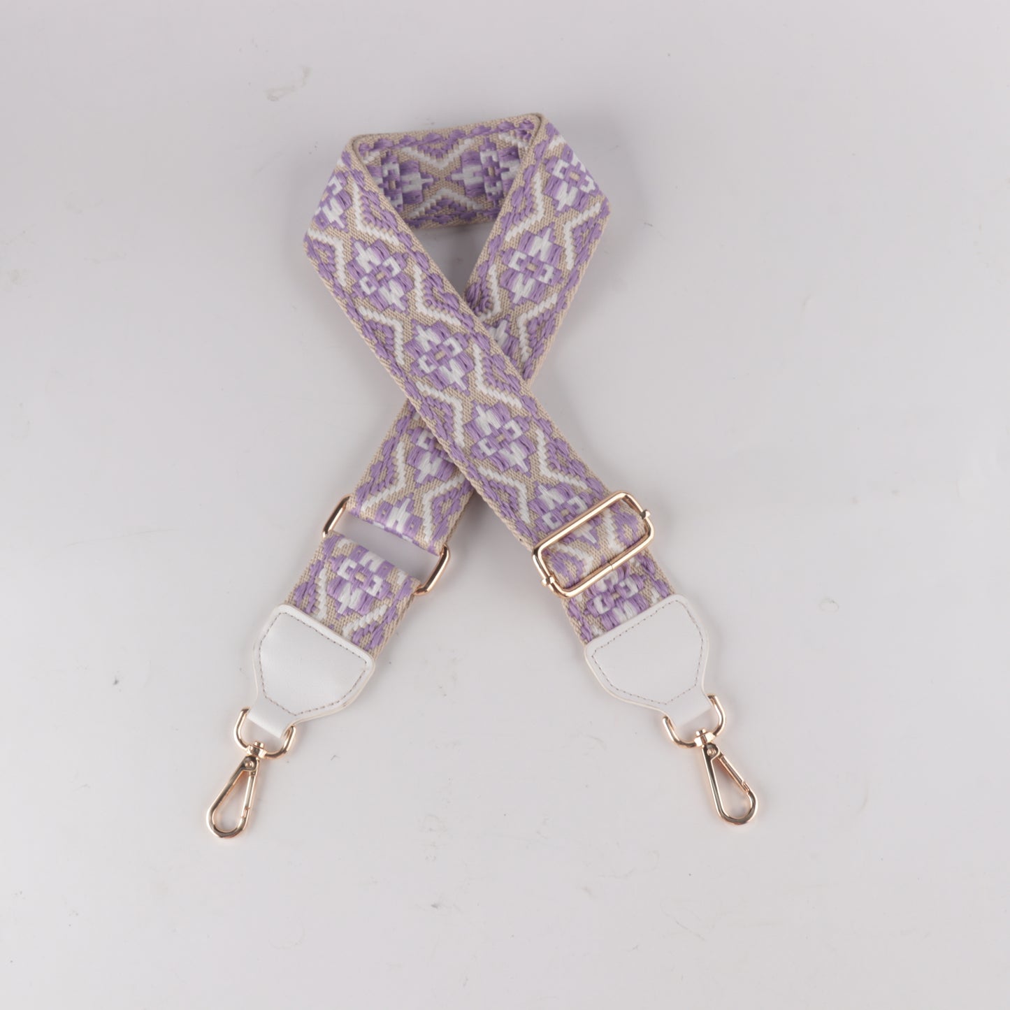 White Yellow and Purple Jacquard Bag Strap with Leather Head