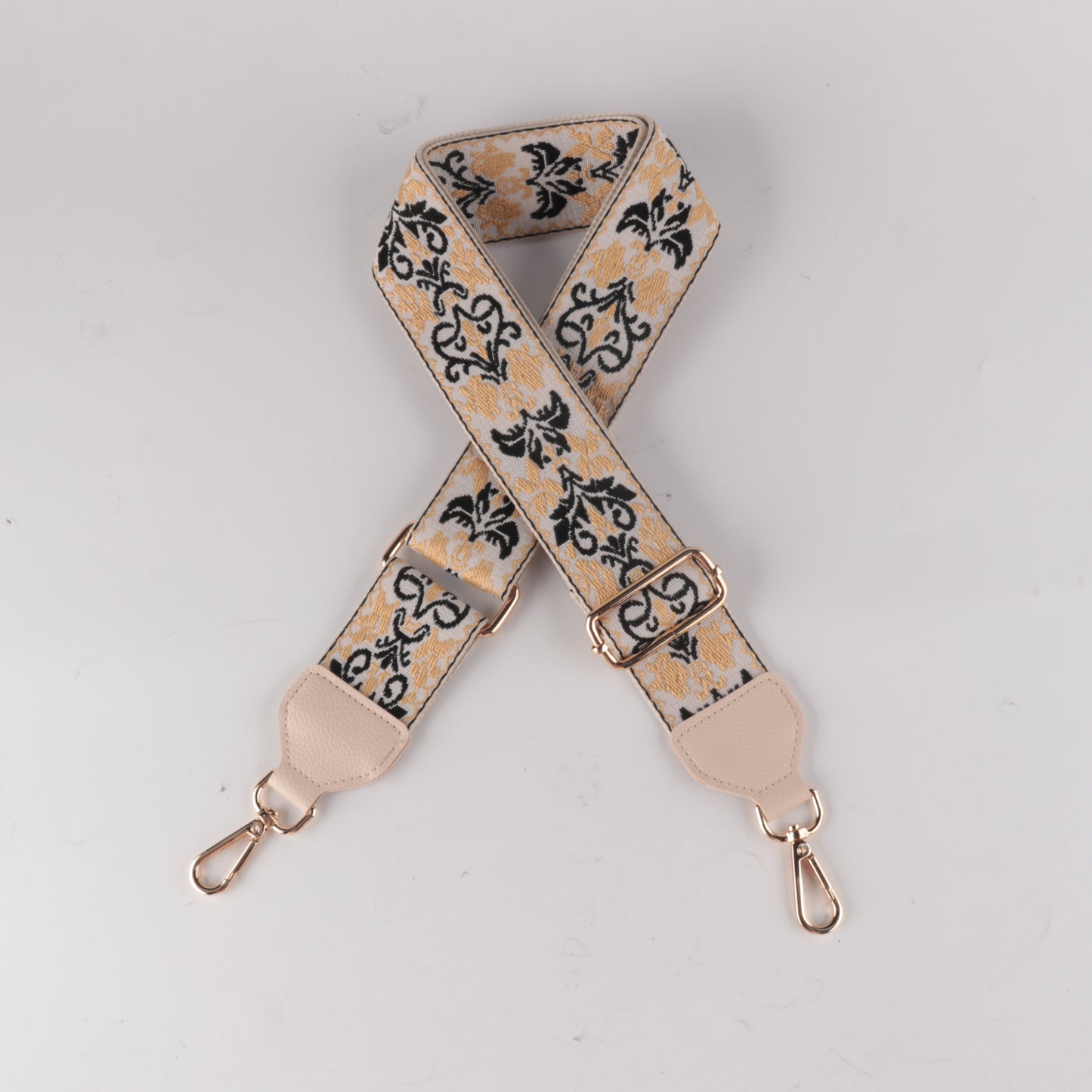 White Yellow and Purple Jacquard Bag Strap with Leather Head