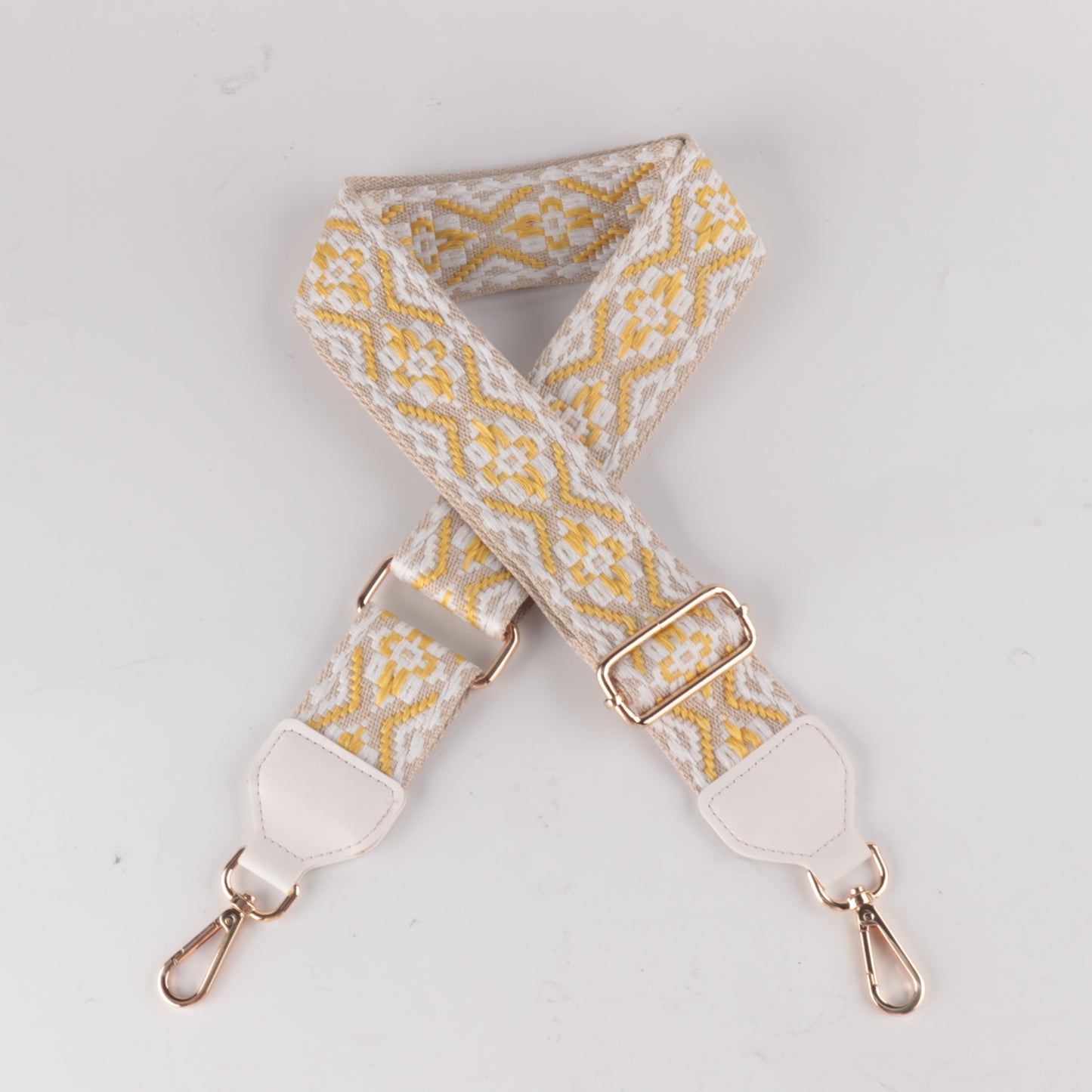 White Yellow and Purple Jacquard Bag Strap with Leather Head