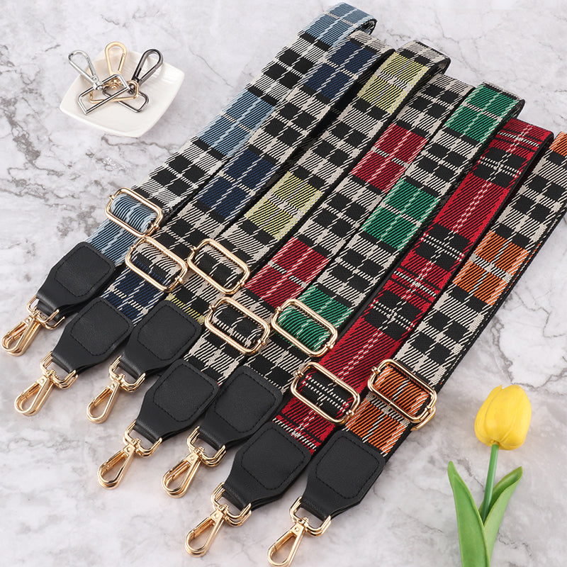Multicolor Plaid Bag Straps with Leather Head