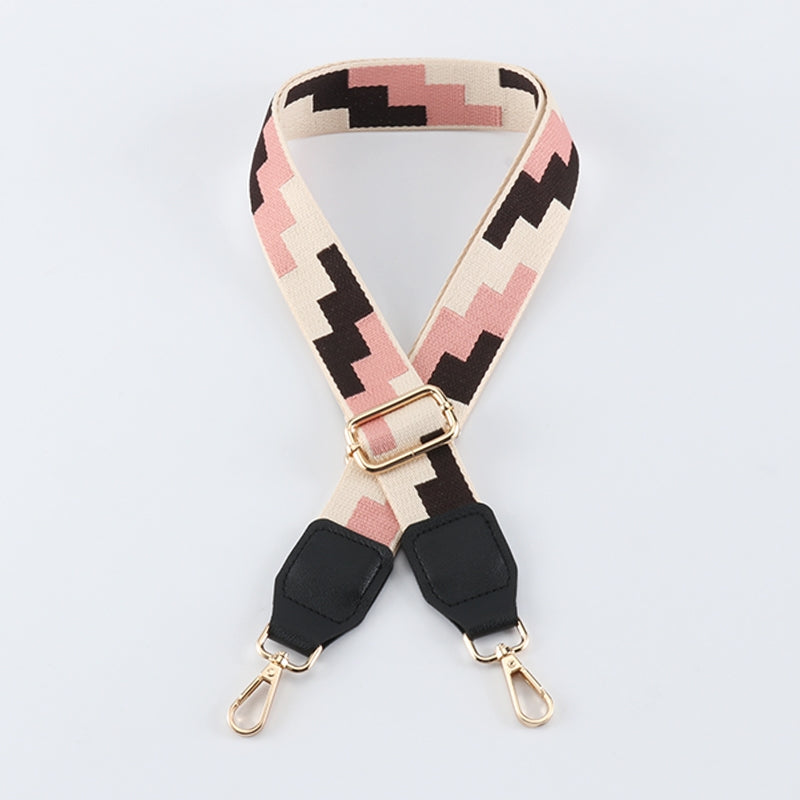 Tricolor Check Jacquard Bag Shoulder Strap with Leather Head