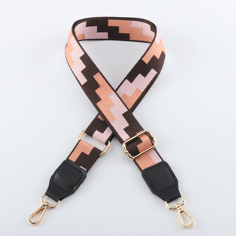 Tricolor Check Jacquard Bag Shoulder Strap with Leather Head