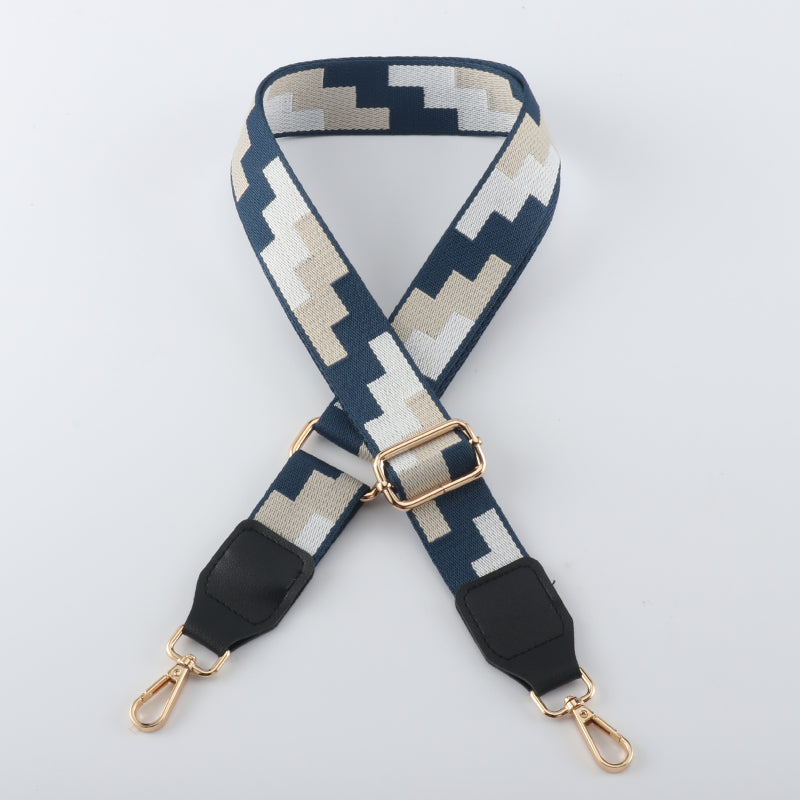 Tricolor Check Jacquard Bag Shoulder Strap with Leather Head