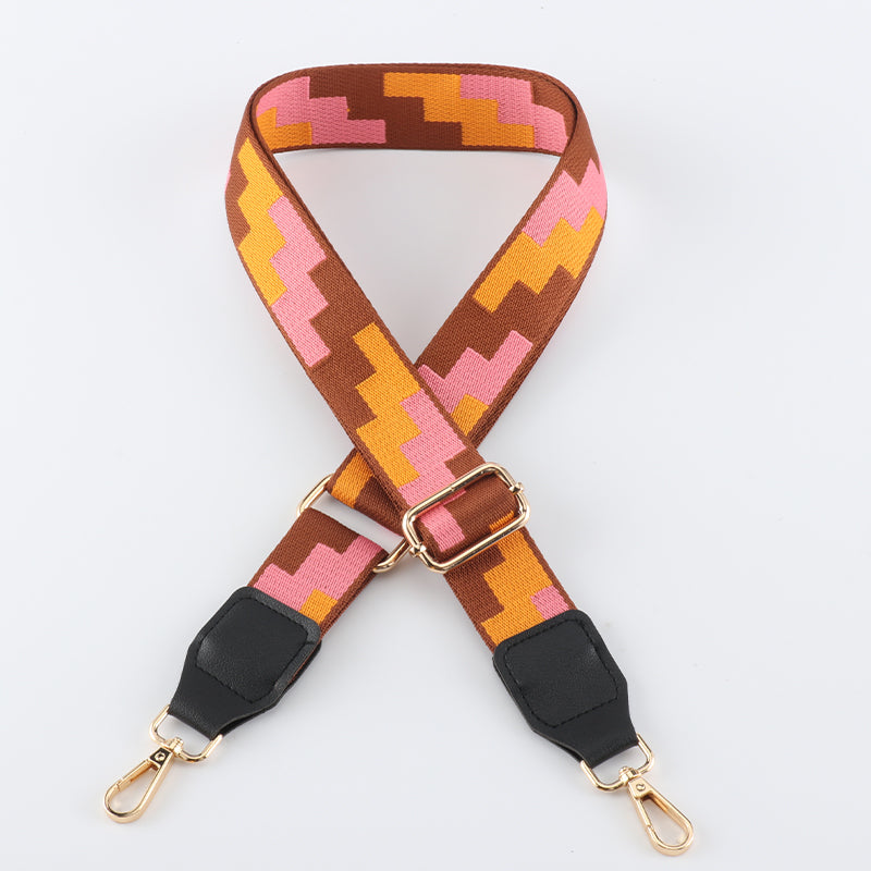 Tricolor Check Jacquard Bag Shoulder Strap with Leather Head