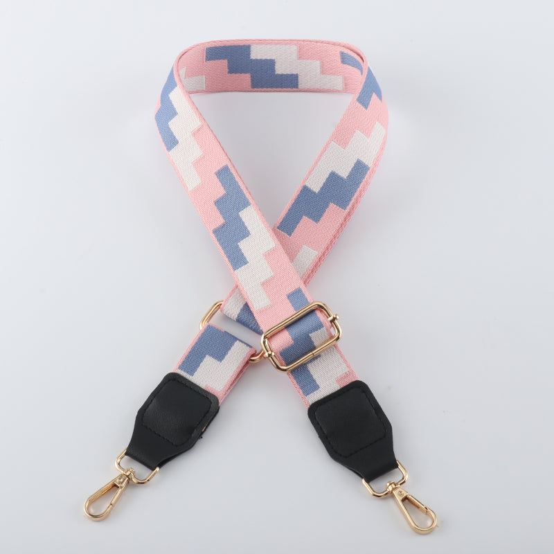 Tricolor Check Jacquard Bag Shoulder Strap with Leather Head