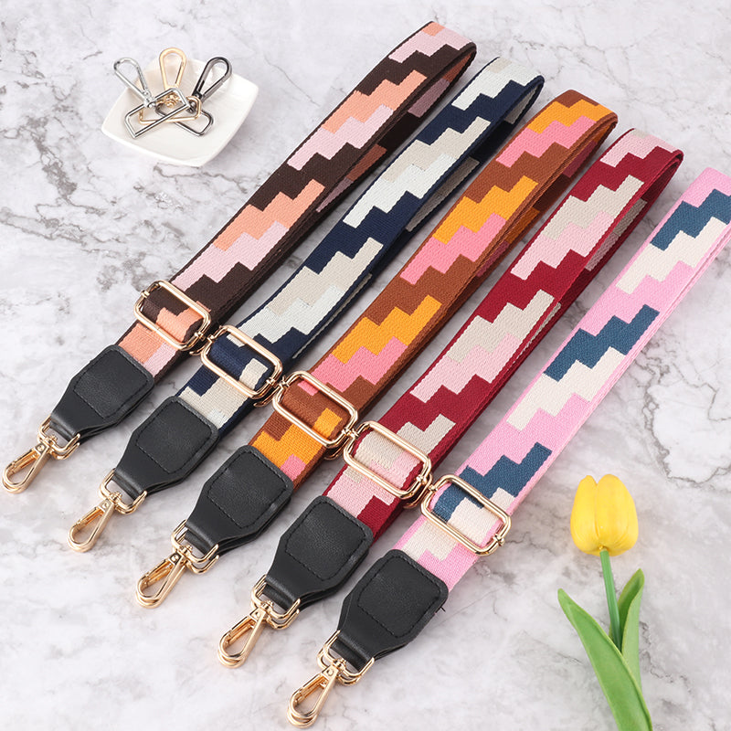 Tricolor Check Jacquard Bag Shoulder Strap with Leather Head
