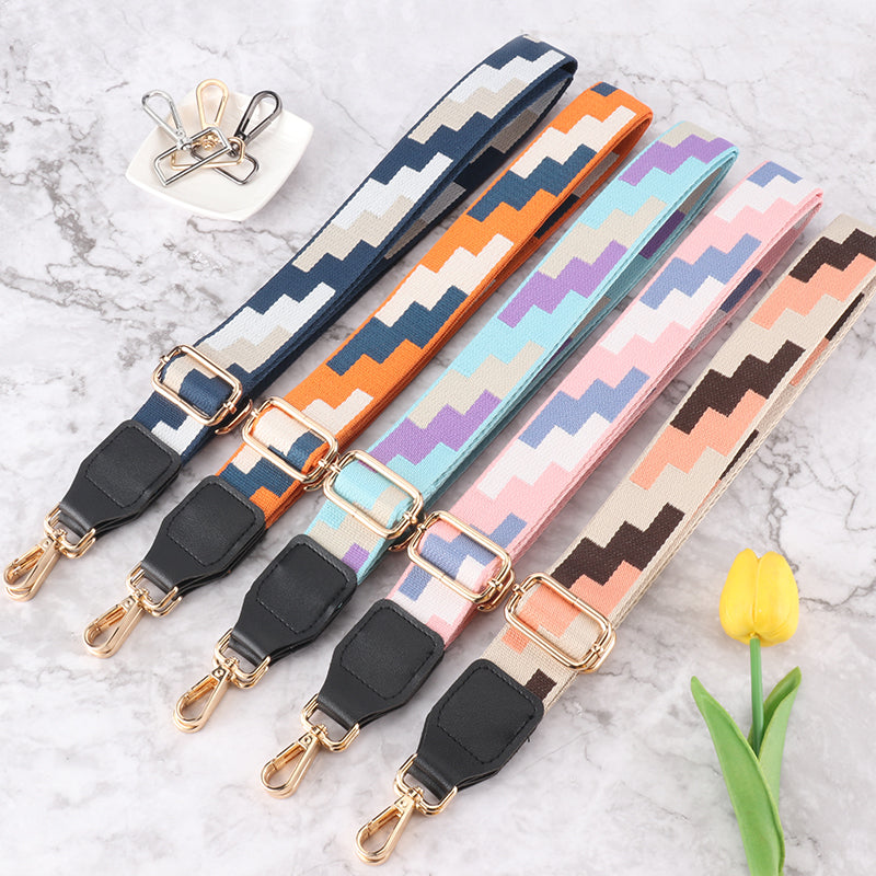 Tricolor Check Jacquard Bag Shoulder Strap with Leather Head