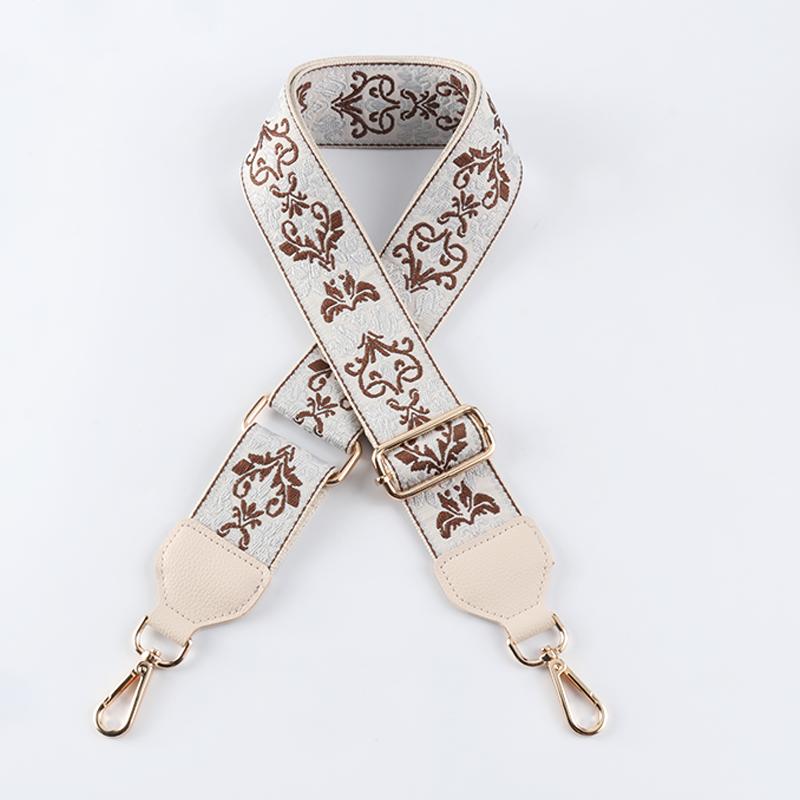 White Yellow and Purple Jacquard Bag Strap with Leather Head