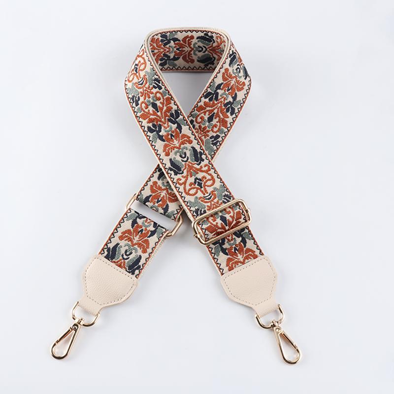 White Yellow and Purple Jacquard Bag Strap with Leather Head