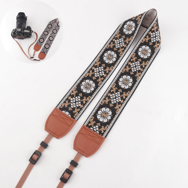 Flower Prints Jacquard Brown Leather Camera Strap