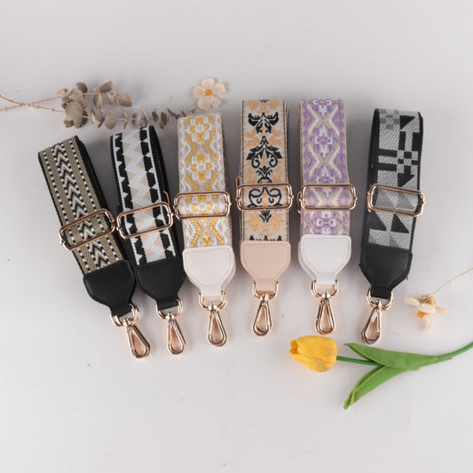 White Yellow and Purple Jacquard Bag Strap with Leather Head
