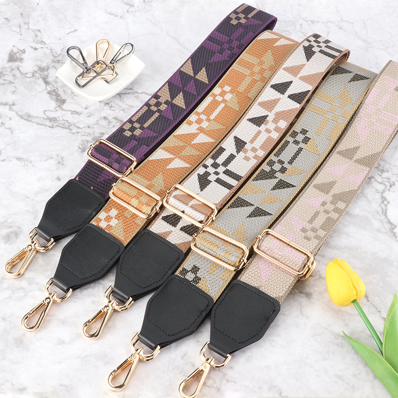 Geometric Patchwork Wide Bag Strap with Leather Head