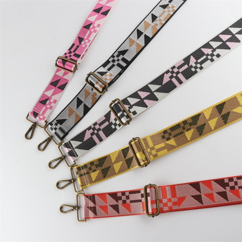 Geometric Patchwork Pattern Bronze Buckle Wide Shoulder Straps