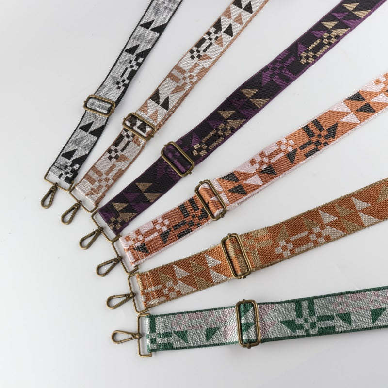 Geometric Patchwork Pattern Bronze Buckle Wide Shoulder Straps